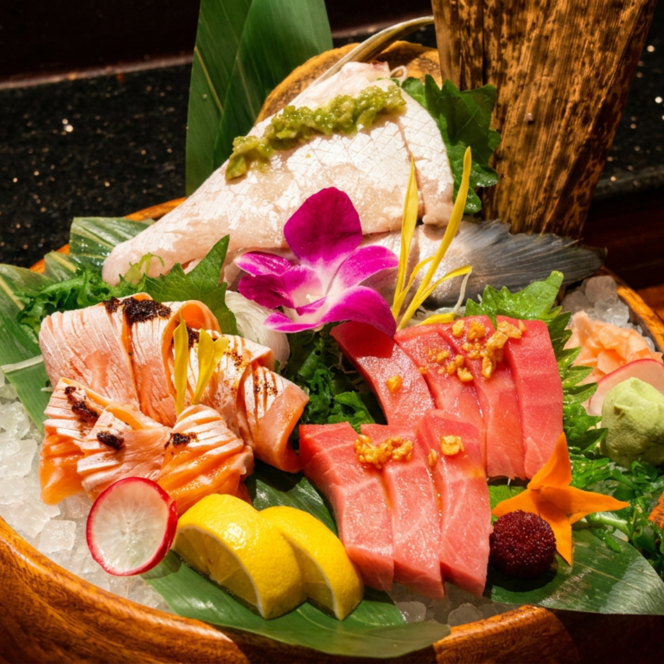 Assorted sashimi platter with tuna, salmon, and white fish, garnished with lemon, radish, and an orchid.