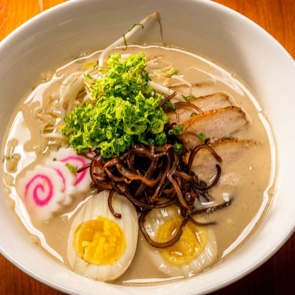 A white bowl of ramen with pork, eggs, bean sprouts, seaweed, and pink swirled fish cakes.