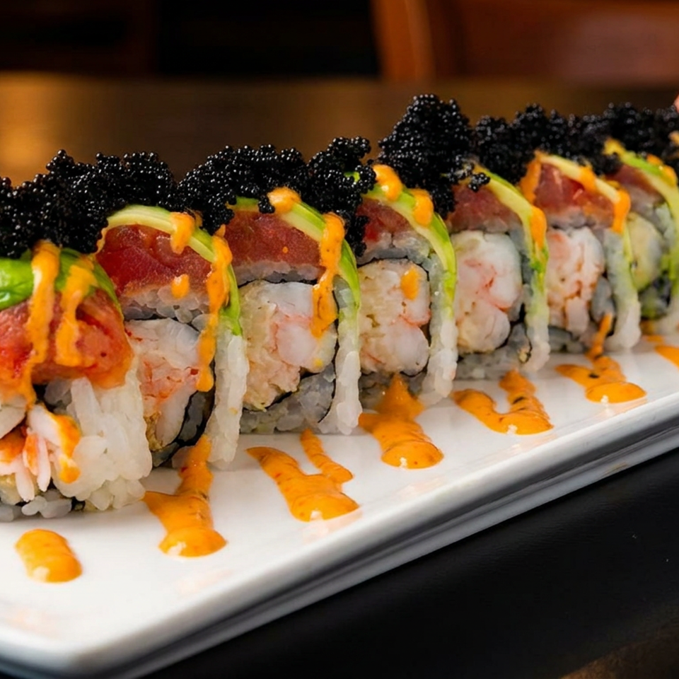 Sushi roll with tuna, avocado, shrimp, black caviar, and orange sauce on a white plate.