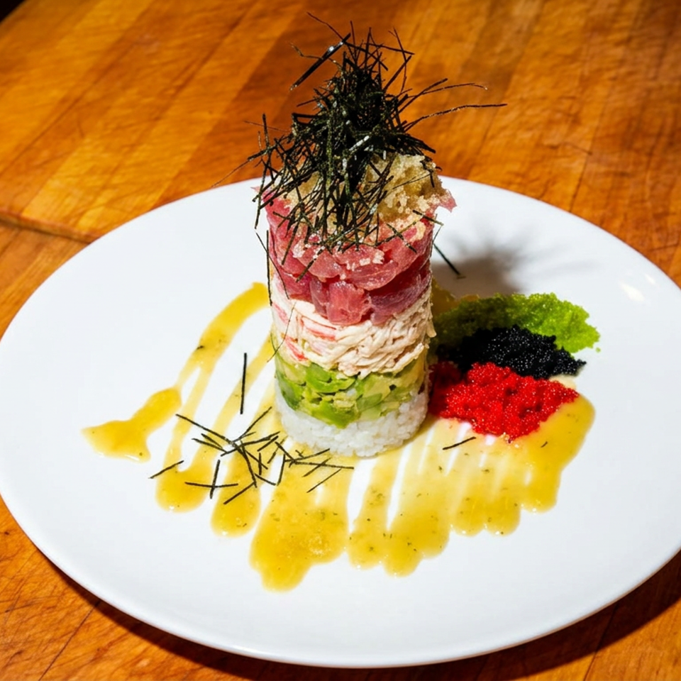 A layered tower of tuna, crab, avocado, and rice, garnished with seaweed and roe.