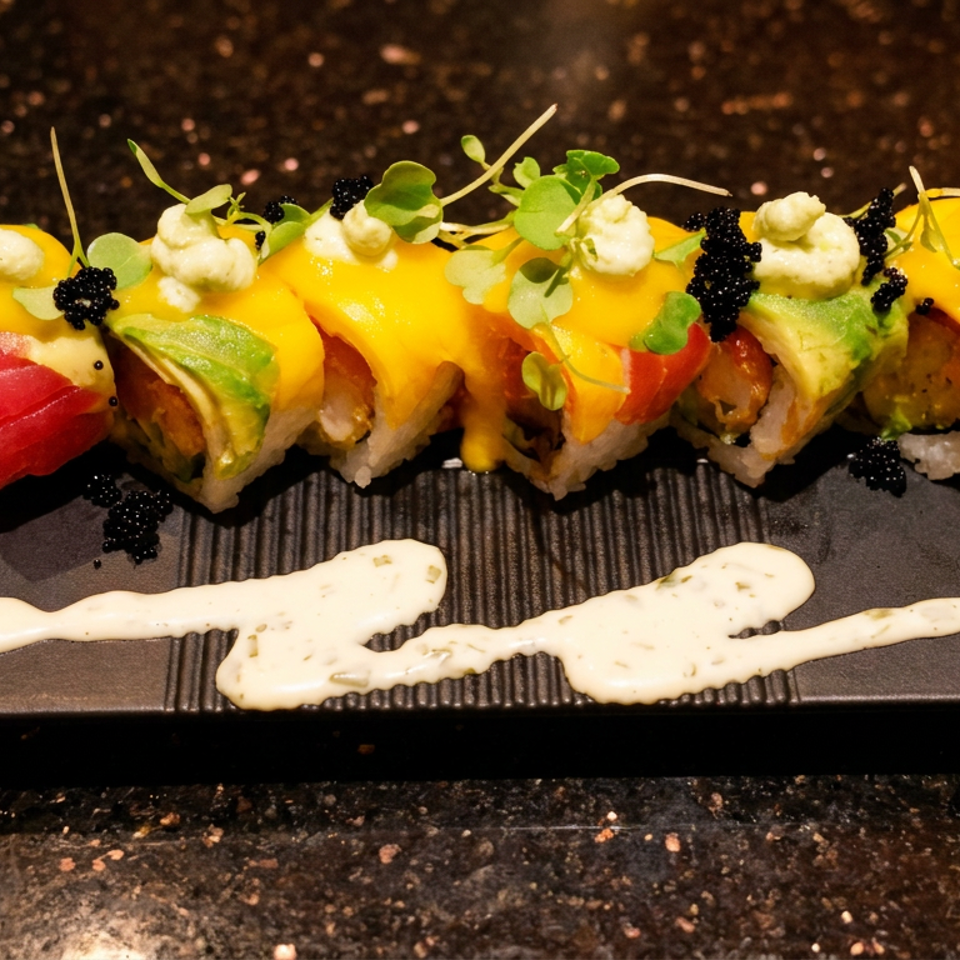 Sushi roll with mango, avocado, tuna, black caviar, and microgreens on a black plate.