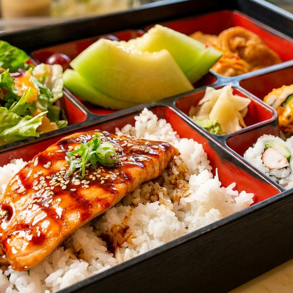 A bento box with teriyaki salmon, rice, sushi, salad, melon, and other sides.