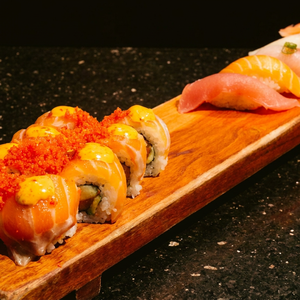 A wooden tray holds a row of sushi rolls topped with orange roe and sauce, alongside various nigiri.